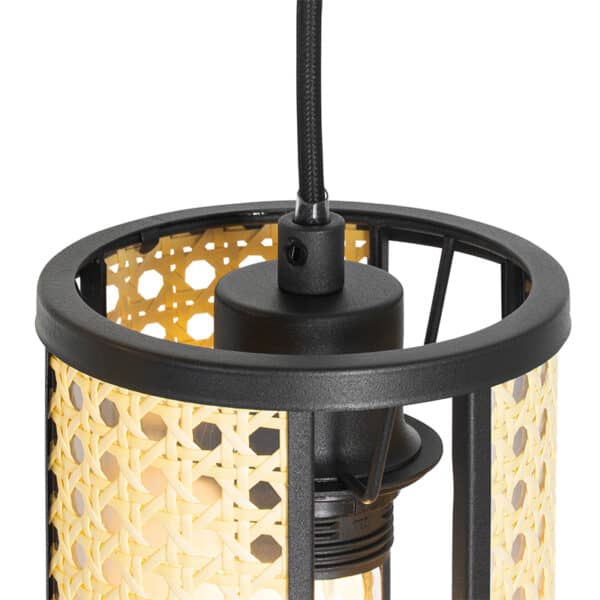 Retro-Hängelampe schwarz mit Rattan 3-flammig rund - Akira – Bild 4
