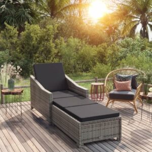 ARKEM Sonnenliege mit Dunkelgrauer Auflage Poly Rattan Grau Campingbett Gartenliege