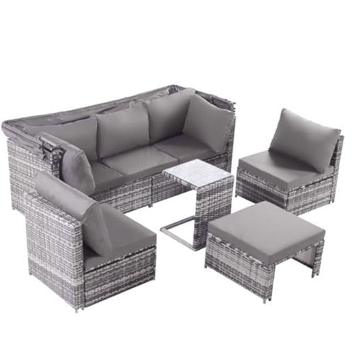 Ntxplora RattansonneninselLoungeSet Sofa, Stuhl, Fußhocker, Tisch
