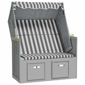 vidaXL Strandkorb mit Dach Gartenliege Volllieger Sonneninsel Sonnenliege Strandliege Liege Zweisitzer Strand Poly Rattan Massivholz Grau Weiß