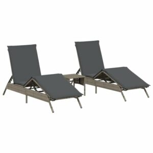 vidaXL Sonnenliegen 2 STK., Sonnenliege mit Tisch Kissen, Relaxliege für Garten Terrasse, Gartenliege Sonnenbett, Grau Poly Rattan