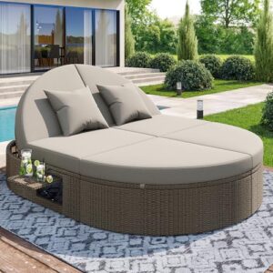 Zravenna Rattan Outdoor Daybed, Gartenliege mit seitlichem Regal, Sonnenliege für 2 Personen mit Klapptisch,Garten Relaxliege,Rattan Doppel-Liege,Individuell Einstellbarer Winkel Outdoor-Sofa (E)