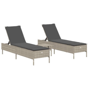 vidaXL SONNENLIEGEN-SET 3-TLG. Mit Auflage Hellgrau Poly Rattan Dunkelgrau