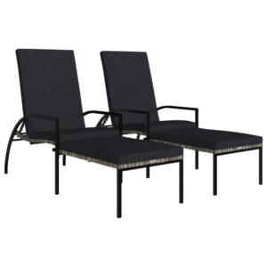vidaXL SONNENLIEGEN 2er set Mit Fusshocker Pe-Rattan Grau Grau