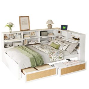BEAOK BETT 140/200 cm in Weiß mit Stauraum und USB-Ladeanschlüssen inkl. Lattenrost Weiß