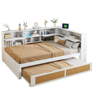 BEAOK BETT 140/200 cm in Weiß mit Ausziehbett, Stauraum und USB-Ladeanschlüssen Weiß