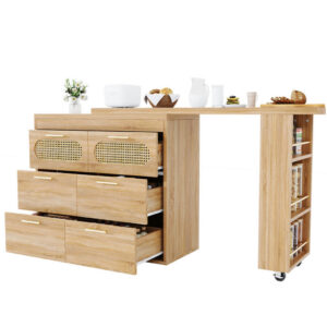 BEAOK BARTISCH 128-203/39/90 cm in Natur mit 360° Drehfunktion & 6 Schubladen Naturfarben