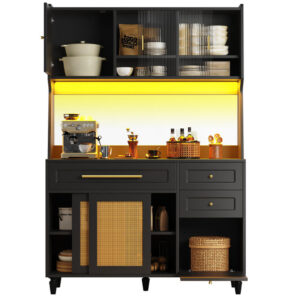 BEAOK ANRICHTE 120/45/195,5 cm mit 3 Schubladen, LED-Beleuchtung & viel Stauraum Schwarz